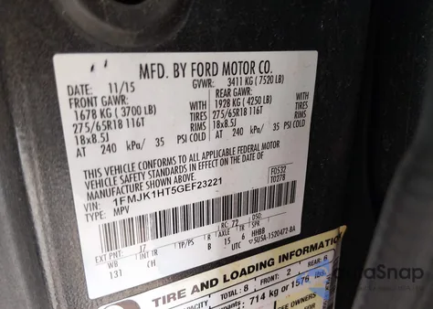 2016 Ford Expedition El Xlt из США, поврежденный, VIN 1FMJK1HT5GEF23221